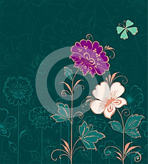 Decorative greeting card with delicate fantasy flowers and butterflies