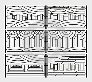 Decorative grill for a fence or a fireplace grate. Stylized city, river, bridge, sky, trees in the park
