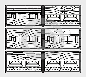 Decorative grill for a fence or a fireplace grate. Stylized graphics city, river, bridge, sky