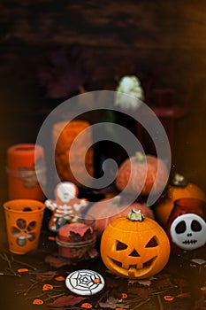 Decorative Halloween pumpkins and candles