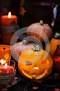 Decorative halloween pumpkins and candles