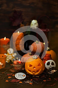Decorative halloween pumpkins and candles