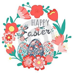 Decorative hand drawn cute wreath, Easter eggs with flowers, leaves, text. Lettering Happy Easter holiday