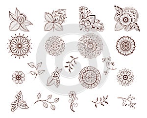 Decorative hand drawn element henna style collection. Floral set for your design, tattoo