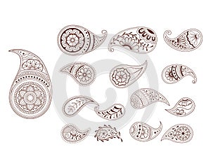 Decorative hand drawn element henna style collection.Paisley set for your design, tattoo. Henna-mehndi doodles design