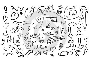 Decorative hand drawn shapes. Doodles lines elements, ink line arrow and flower calligraphy sign sketch. Isolated vector