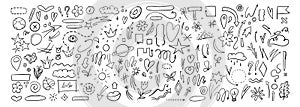 Decorative hand drawn shapes. Outline crown, doodle pointer and heart frame. Doodles lines elements, ink line arrow and