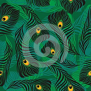 Stylish seamless pattern with peacock feathers. Vector illustration.