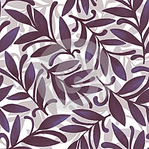 Decorative hand drawn watercolor seamless pattern of purple leaves, branches, curls, flowing lines. Floral illustration for