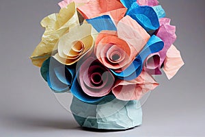 Decorative handmade origami flower bouquet for romantic greeting cover. Generative AI