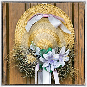 Decorative hay head on wooden door