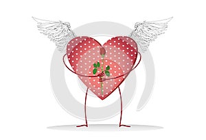 Decorative heart with graphic wings and legs holding a one red rose