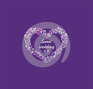Decorative heart shape frame for greeting card, wedding invitation. Wreath floral white template with pink berries on violet backg