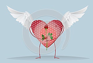 Decorative heart with wings and legs holding a one red rose