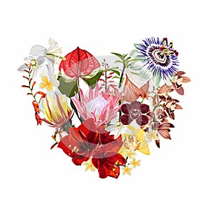 Decorative heart witht tropical flowers. Exotic colorful plants, leaves and buds. Valentines day card.