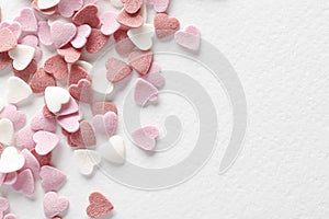 Decorative hearts closeup on white. Valentine`s day decor concept.