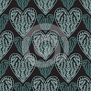 Decorative hearts pattern. Linen textile design in turquoise color on darl background