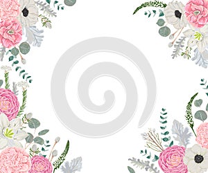 Decorative holiday background with beautiful flowers, leaves and branches in watercolor style.