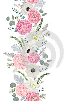 Decorative holiday border with beautiful flowers, leaves and branches in watercolor style. Vintage floral design.