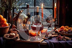 decorative holiday table with mulled wine and treats