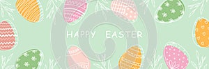 Decorative horizontal banner with Easter eggs and leaves. Vector holiday border with place for text