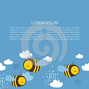 Decorative illustration with bees, clouds and place for text, poster design. Colorful background, funny insects and sky