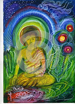 Decorative Illustration, of a Buddha seated.