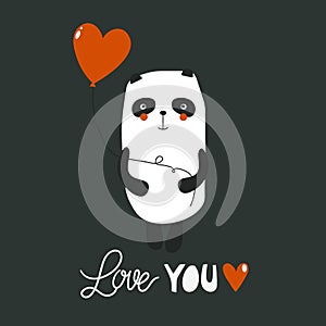 Decorative illustration, happy panda, heart, english text. Colorful background, funny animal. Love you