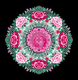 Decorative image of symmetric ornament with rose flowers in the form of a mandala