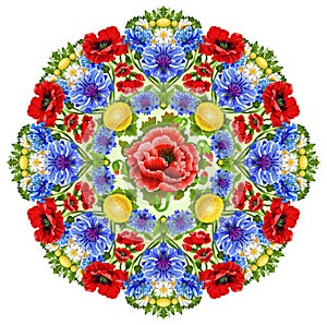 Decorative image of symmetric ornament with windflowers in the form of a mandala