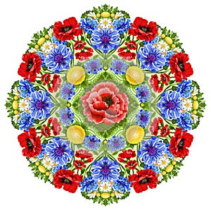 Decorative image of symmetric ornament with windflowers in the form of a mandala