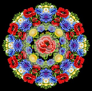 Decorative image of symmetric ornament with windflowers in the form of a mandala