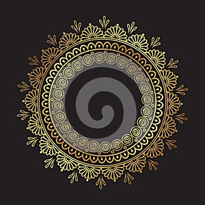 Decorative Indian round lace ornate gold mandala isolated over black background art frame design vector illustration.