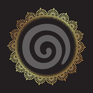 Decorative Indian round lace ornate gold mandala isolated over black background art frame design vector illustration.