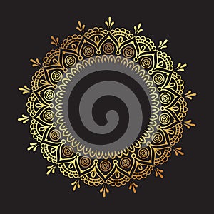 Decorative Indian round lace ornate gold mandala isolated over black background art frame design vector illustration.