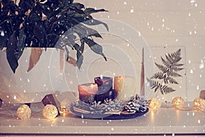 decorative interior decoration with candles for the new year or christmas