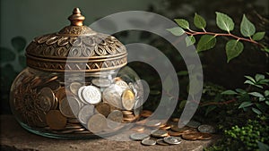 A decorative jar with an ornate design in the glass filled with a collection of coins that varies in size and texture photo