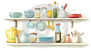 Decorative kitchen shelf on the wall with utensils, salt, pepper, sugar, oatmeal, quonoa, clean plates, bowls and cups