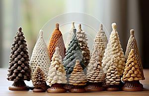 decorative knitted Christmas trees in natural color. Handmade Christmas decor with your own hands, DIY Concept