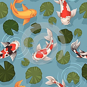Decorative koi fish seamless pattern. Japanese spotted carps, repeated pond elements, top view water lily leaves. Decor