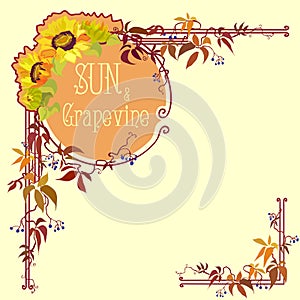 Decorative label with sunflower and grape