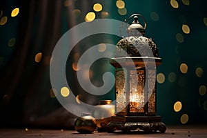 decorative lamp with candle shining on bokeh background, ramadan banner