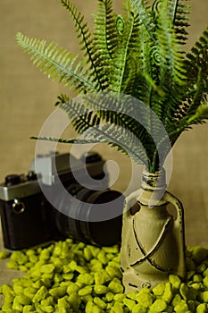 Decorative lamp with ferns and green stone on a linen background with camera.
