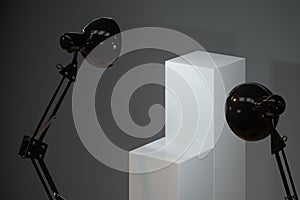 Decorative lamps with empty cube podium, 3d rendering