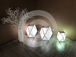 Decorative lamps and a vase of flowers in the interior. Wood Background