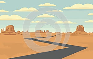 Western desert landscape with a broken line road