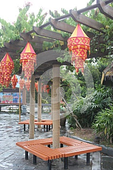 The decorative lantern in the courtyard.