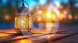 Decorative Lantern Glowing at Sunset in an Outdoor Setting