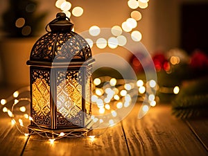 Decorative lantern illuminated by string lights