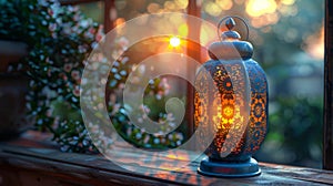 Decorative lantern at sunset - generative ai